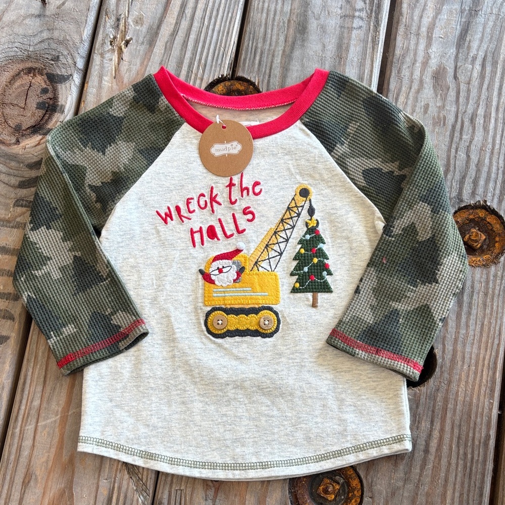 Mud Pie Wreck The Halls‎ Santa Christmas Camo Long Sleeve NWT Size 12/18 Months